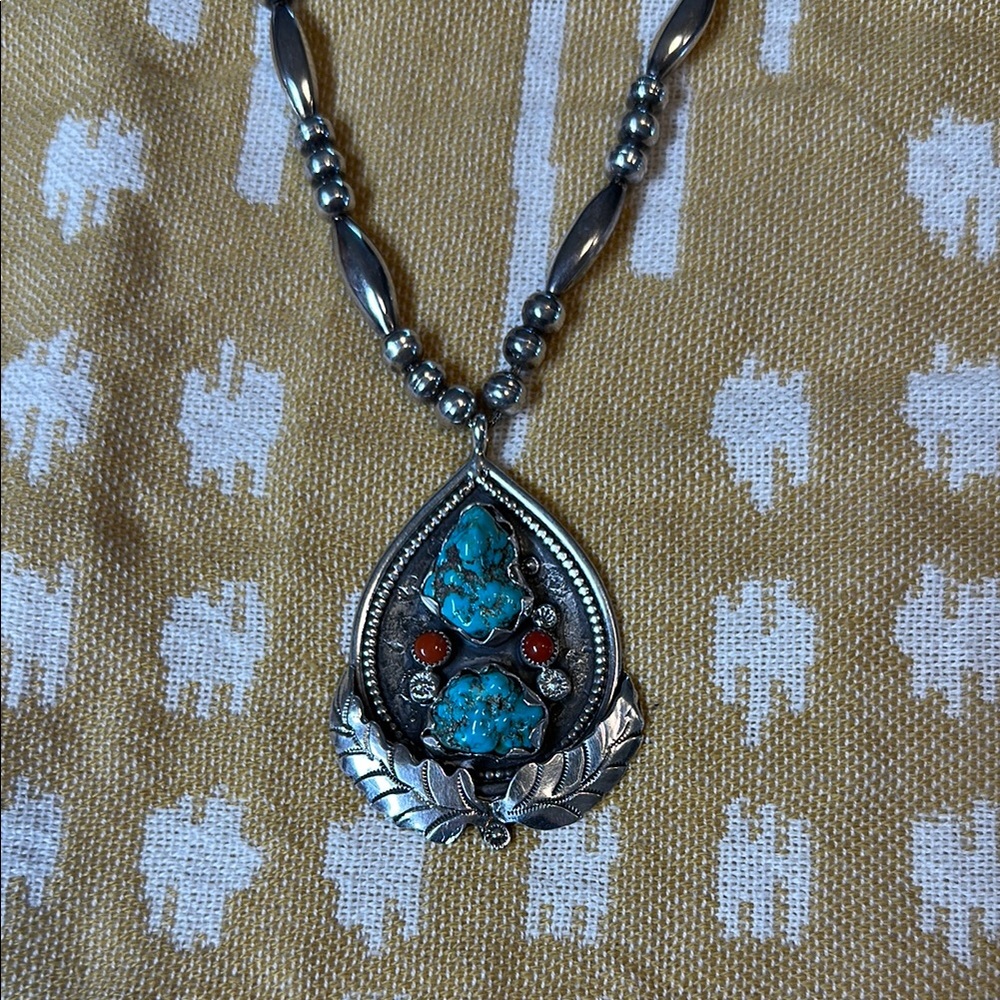 Authentic Signed Vintage Southwestern Style Turquoise, Coral & Silver Necklace